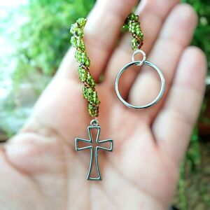 Beaded Cross Keychain, Seed Bead, Green & Brown, 7"